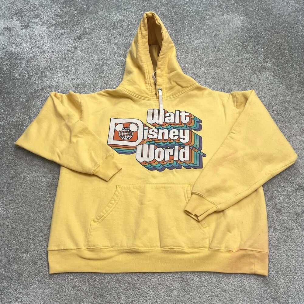 Disney Graphic Pullover Hoodie Sweatshirt Womens Medium Yellow Kangaroo Casual